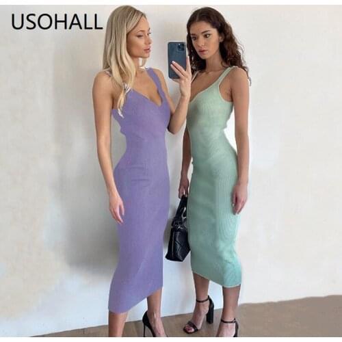 USOHALL Knit Bodycon Dress Women Summer Casual Sleeveless Beach Midi Dresses