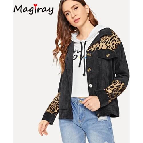 Magiray Corduroy Leopard Print Jacket Women Vintage Pocket Retro Streetwear Coat Female 2020 Spring Autumn Black Casual Coat 48