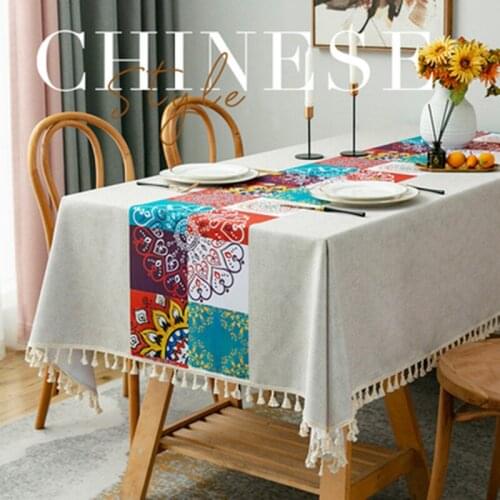 Nordic Geometric Pattern Floral Printing Waterproof Oilproof Wash-free Tablecloth Cross Tassel Rectangular Tea Table Mat nappe