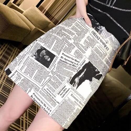 Vintage Skirts Womens Summer 2021 Korean Style Stylish Black White Newspaper Print Slim High Waist A Line Mini Skirt B364