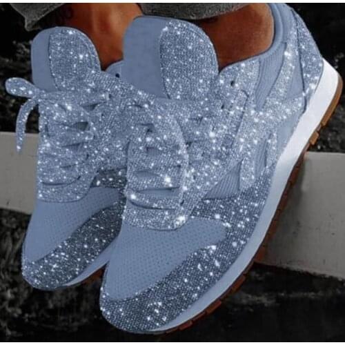 2020 Womens Casual Sneakers Trendy Breathable Crystal Sequins Lace Up Low-Top Round Sneakers