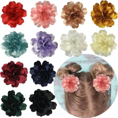 20pcs/lot 3'' Handmade Satin Fabric Crystal Crepe Flower Wedding Decor For School Girls Hairpin Headband Fashion Hair Accessory