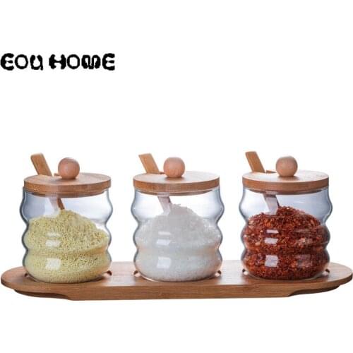 3 Pcs/Set Transparent Glass Seasoning Rack Spice Pots Bowls with Spoon and Bamboo Bottom Cover-Storage Container Condiment Jars