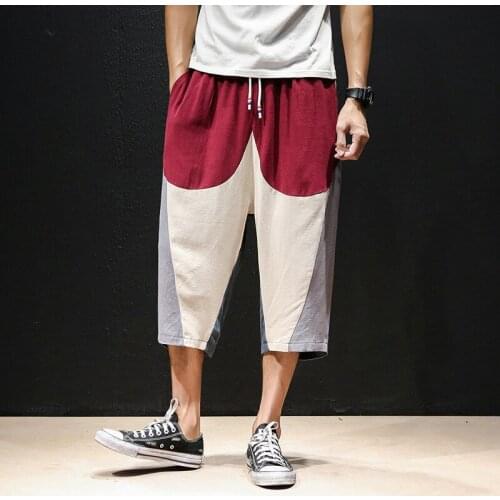 #8066 Summer Spliced Color Cotton Linen Pants Men Retro Wide Leg Pants Men Thin Vintage Japanese Streetwear Joggers Fashions 5XL