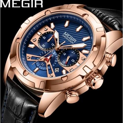 MEGIR Watch Men Waterproof Chronograph Military Army Blue Male Clock Top Brand Luxury Genuine Leather Man Sport Wristwatch 2102