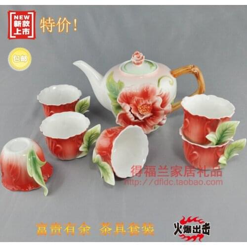 Colored enamel porcelain kung fu tea set high-grade 1teapot 380ml +6teacup 50ml for wedding gift