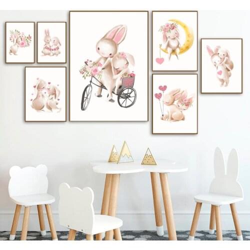 Flower Moon Cute Bunny Couple Nordic Posters And Prints Wall Art Canvas Painting Cartoon Wall Pictures For Baby Kids Room Decor