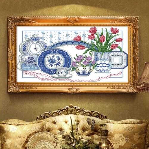 Flowers in celadon vase Cross Stitch Kits Printed pattern canvas Chinese Embroidery Needlework set DIY Cross-stitch Home Decor