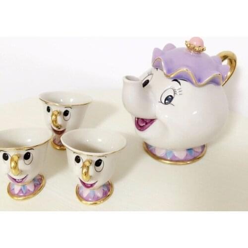 Hot sale [1 POT + 3 CUPS] Cartoon Beauty And The Beast Tea Set Mrs Potts Chip Coffee Pot Cup Mug Cute Xmas Birthday Gift