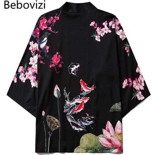 Bebovizi Chinese Style Lotus Carp Print Kimono Women Cardigan Yukata Japanese Streetwear Men Loose Tradition Polyester Clothing