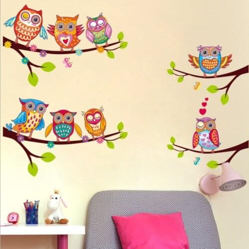 Colorful Owls Cartoon Wall Stickers Owls on The Tree Children Room Home Decor Wall Decals Wall Stickers for Kids Rooms Removable