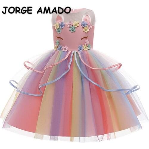 2021 New Summer Teenager Girls Dresses Cartoon Unicorn Appliques Knee-length for Party Wedding Piano Perform Kids Clothes E0698