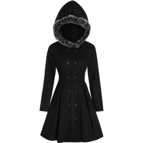 2021 Women Fashion Fur Hooded Long Coat Vintage Winter Solid Color Double Breasted Warm Jacket Plus Size Christmas Female Cloak