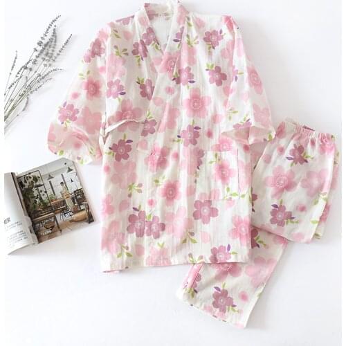 2021 Japanese-style Cotton Kimono Pajamas Suit Women Half-sleeved Two-piece Female Long Pants Sleepskirt