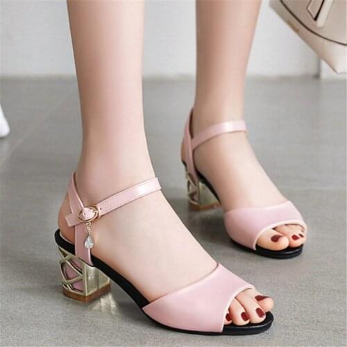 Large Size Block Heels Sandals Women Summer 2020 High Heels Ankle Strap Ladies Sandales Metallic Docoration Shoes Woman