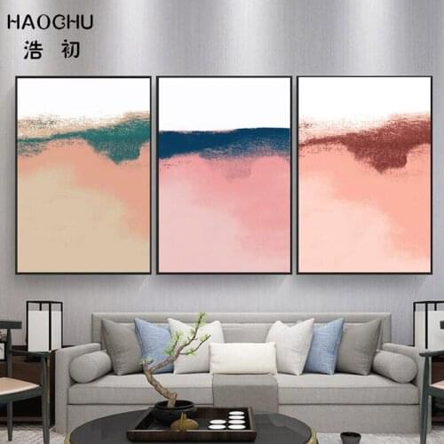 HAOCHU Nordic Poster Pink Blue Abstract Misty Mountains Canvas Painting Landscape Still Life Art Poster Home Wall Decor Stickers