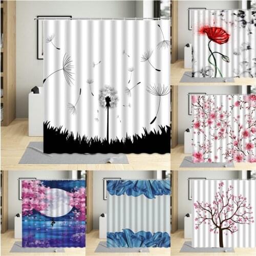 Dandelion Flowers Shower Curtain Poppy Floral Hand-painted Nature Scenery Bathroom Decor Pink Curtains Waterproof Fabric Hooks