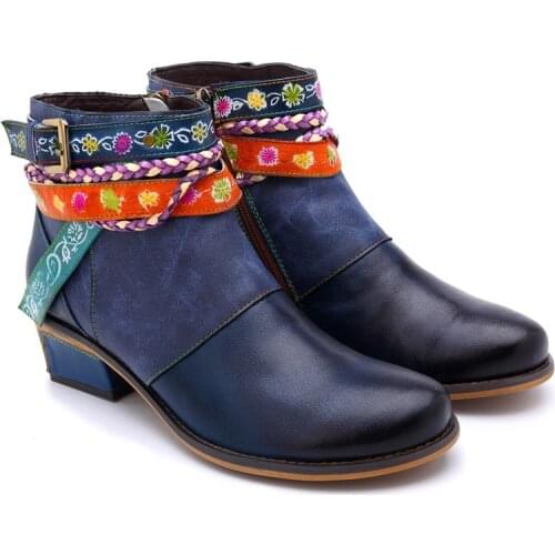 Genuine Leather Women Boots 2018 Vintage Bohemian Ankle Boots Women Shoes Zipper Low Heel Ladies Shoes Woman Autumn Boot