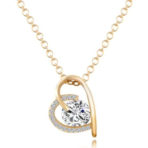 Women Heart shape rhinestone pendant Antique gold silver color Zinc alloy chain necklace girl