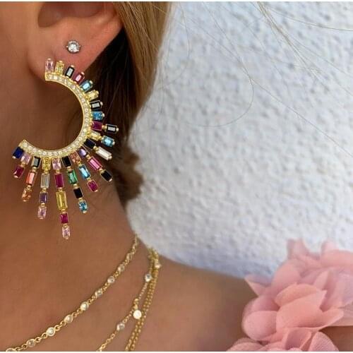 JANKELLY luxury flower Shape Long Earrings Cubic Zirconia Women Wedding Big Earrings Bijoux