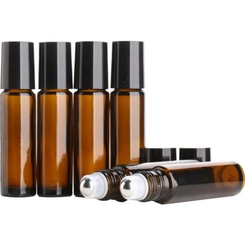20pcs/lot empty glass refillable amber roll on 10ml bottles for essential oil roller bottles with black lid