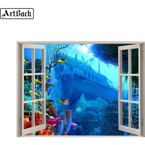 5d diy diamond painting window underwater scenery full square diamond mosaic embroidery home decoration stickers