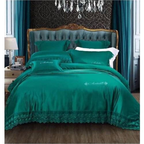 Noble 100S Egyptian cotton Green Tencel Silky Bedding set Queen King Luxury Lace Edge Royal Duvet cover Bed sheet set Europe