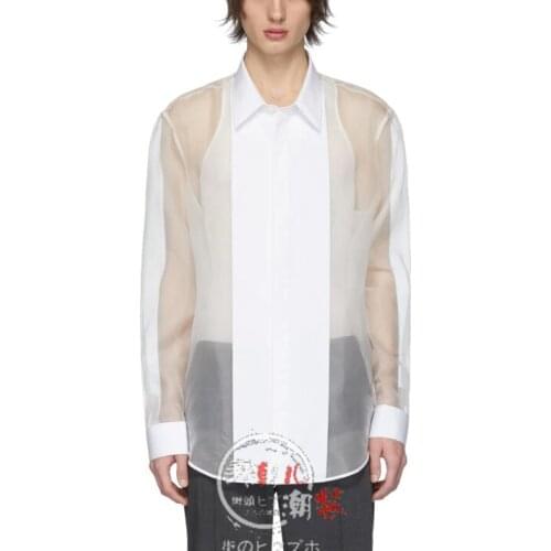 S-7XL!!The new mens casual versatile transparent shirt minimalism patchwork organza long-sleeved shirt semi-seep top