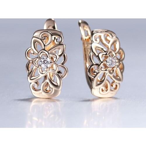 New Earrings for Women Girls 585 Rose Gold CZ Stone Carved Flower Dangle Earrings Wedding Jewelry Gifts DGE329
