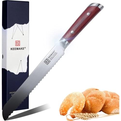 Sunnecko 8" Bread Knife German 1.4116 Steel Blade Breakfast Slicer Kitchen Knives Color Wood Handle Cook Gift Slicing Tool