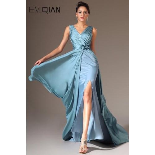 Simple Mermaid Evening Dress Gown,Elegant Sexy V neck Pleated Bodice High Slit Cheap Banquet Dinner Prom Party Dress Vestidos