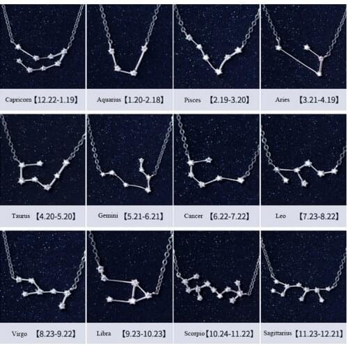 925 Sterling Silver 12 Star Zodiac Zircon Horoscope Astrology Galaxy Constellation Sign Necklace Birthday Wedding Gift