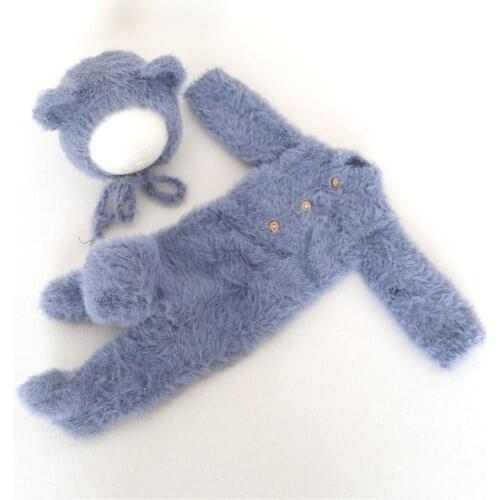 Grey Baby Boy Hat and Romper Set Fuzzy Newborn Footed Outfit Knitted Bear Bonnet Lovely Newborn Hat Sleeper Crochet Onesie Pants