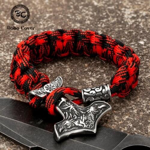 Vikings Runes Hammer Bracelet Men Stainless Steel Thor Mjolnir Survival Rope Wristband Norse Scandinavian Amulet Camping Jewelry