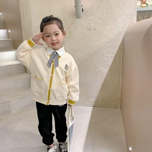 MILA CHOU 2021 Spring Autumn Girls' Knitting Apricot Cardigan "School Style" Kids Children All-match Outwear Tops