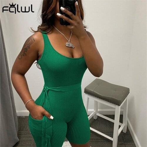 FQLWL Summer Streetwear Bodycon Black Romper Women Sleeveless Belt Rompers Casual One Piece Outfits Women Ribbed Short Jumpsuits