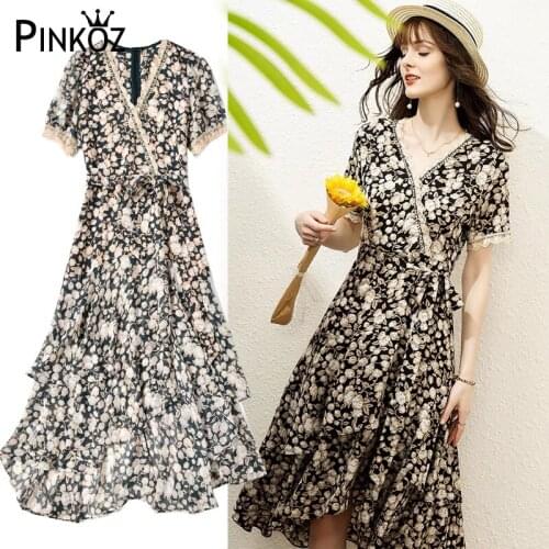 Pinkoz summer midi dress sexy beach V-neck lace up floral printed casual women dresses patchwork lace vestido de mujer vintage
