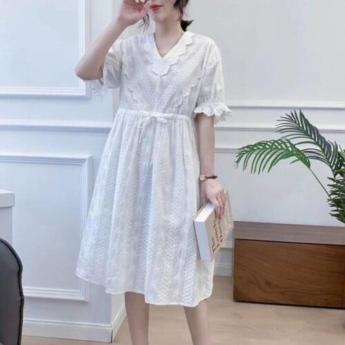 3 Colors-- Lamtrip Unique Floral Embroidery V-Neck Short Sleeve Ruffles Cotton 2021 Summer Drawstring Dress Robe