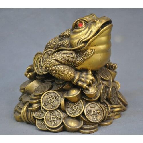 6" China Folk Frog Toad Ingot Lucky Auspicious Bronze Statue