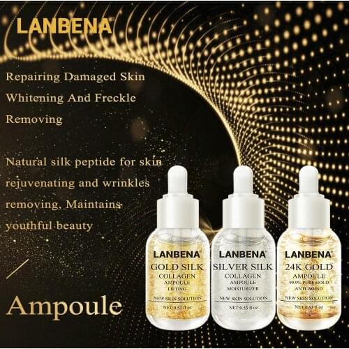 LANBENA 24K Gold+Silver Silk +Gold Silk Collagen Ampoule Serum Anti-Aging Lighten Spots Moisturizing Whitening Firming Skin Care