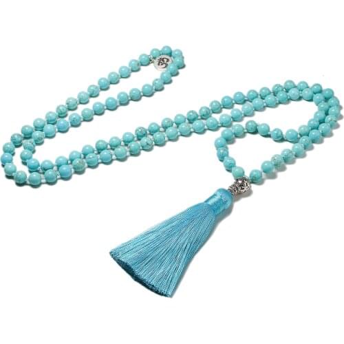 Natural Stone Beads 108 Japamala Necklace Knotted Yoga Meditation Zen Spiritual Necklaces with Tassel Pandant Turquoise 8MM OM