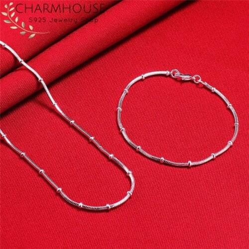 Pure Silver 925 Jewelery Sets For Women 2mm Bead Snake Chain Bracelet & Necklace 2020 New Fashion Jewelry 2pcs Set Accesories