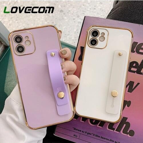 For iPhone 11 Case Square Golden Plating Phone Case For iPhone 12 11 Pro XR X XS Max 7 8 Plus Soft Solid Color Wrist Strap Cover