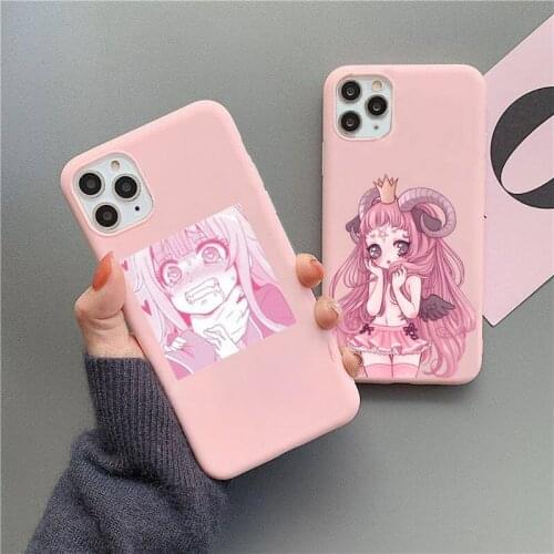 Hot Pink Manga Cute Anime Girl Phone Case For iphone 12 11 Pro Max Mini XS 8 7 6 6S Plus X SE 2020 XR Matte Candy Pink cover