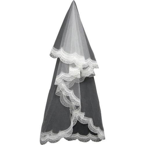 Cheap In Stock 11043 2T 1.5m The cathedral long bridal veil lace applique Simple Bridal Veils No comb