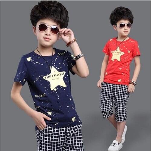 Kids boys short-sleeved suit 2020 new summer childrens cotton casual T-shirt big boys two pieces shorts girls clothes 3-13 yrs