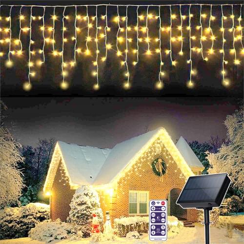 Fairy Solar Powered LED Lights String 3m 128leds 5m 256leds Curtain Icicle Lamp for Wedding Christmas New Year Party Roon Decor