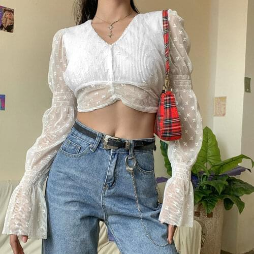 Summer New Style Temperament Long-sleeved T-shirt Design Sense Mesh Blouse Back Tie Sexy Thin Short Top Summer