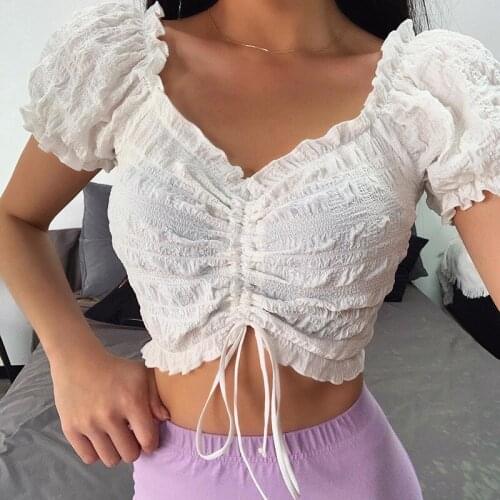 Fashion Sexy V Neck Puff Sleeve Blouse 2020 Women Solid Casual Elegant Lace Up White Ruffles Crop Top Female Summer Sexy Tops