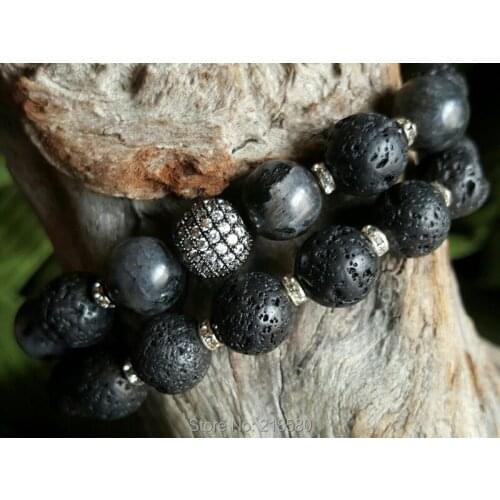 Lava Rock Beads Pave CZ Ball Bracelet Set SE21612